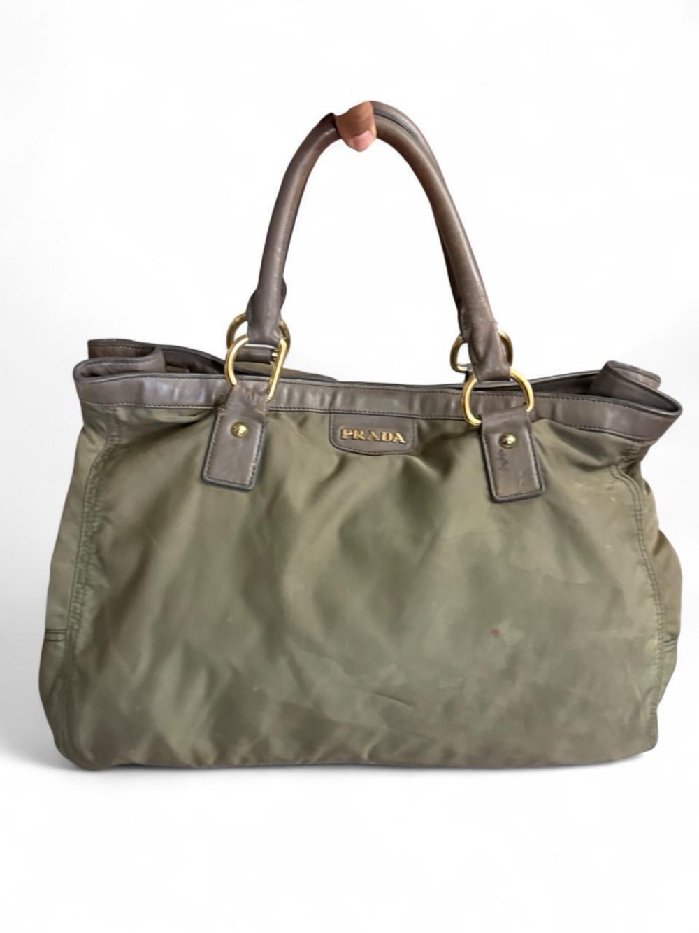 Prada Olive Nylon Tote with Brown Leather Handles